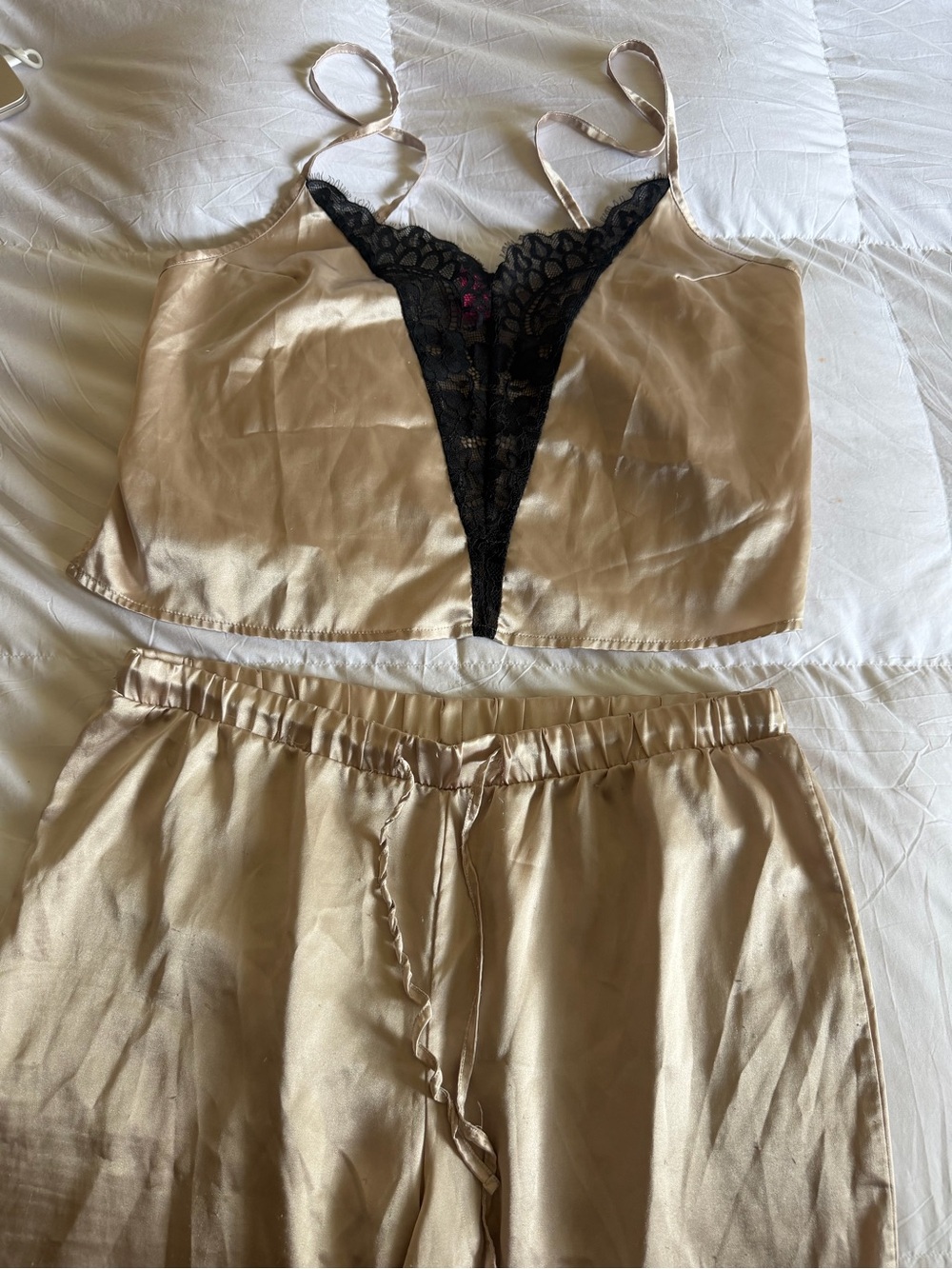 🥂La SENZA Beige Satin Cami & Pants Set with Black Lace Inset
